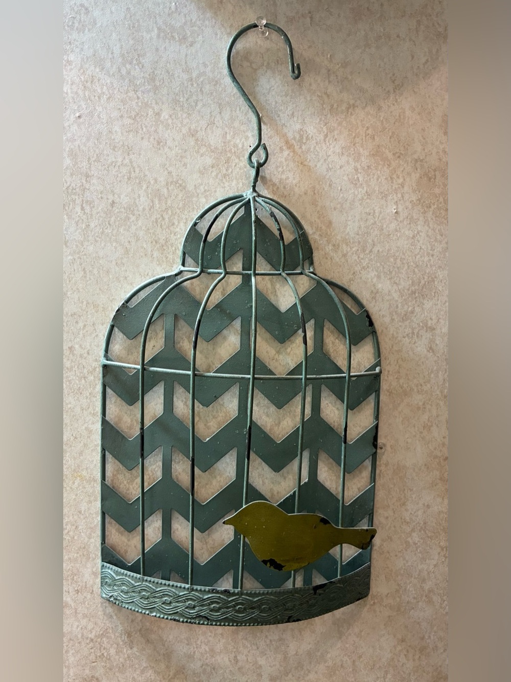 Blue Green Metal Birdcage Wall Accent with Yellow Bird